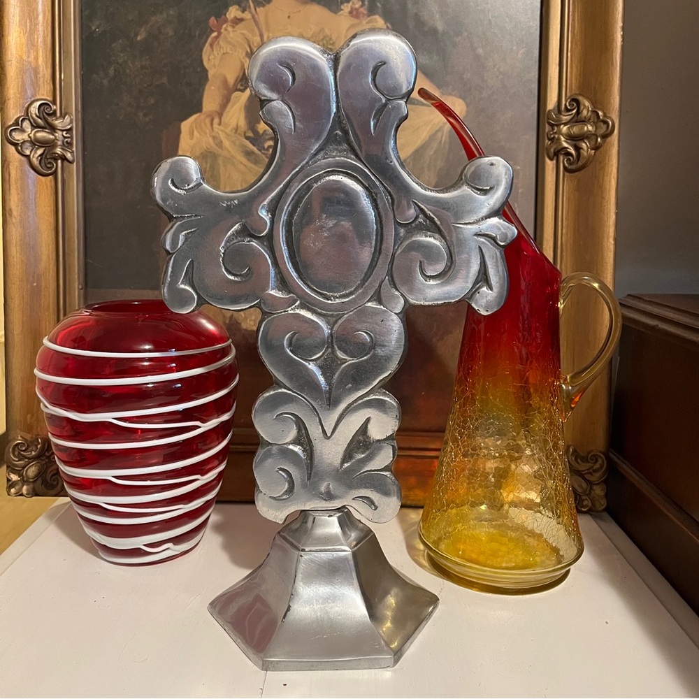 CROSS Ornate On A Pedestal - Heavy Silver Metal - Religious
